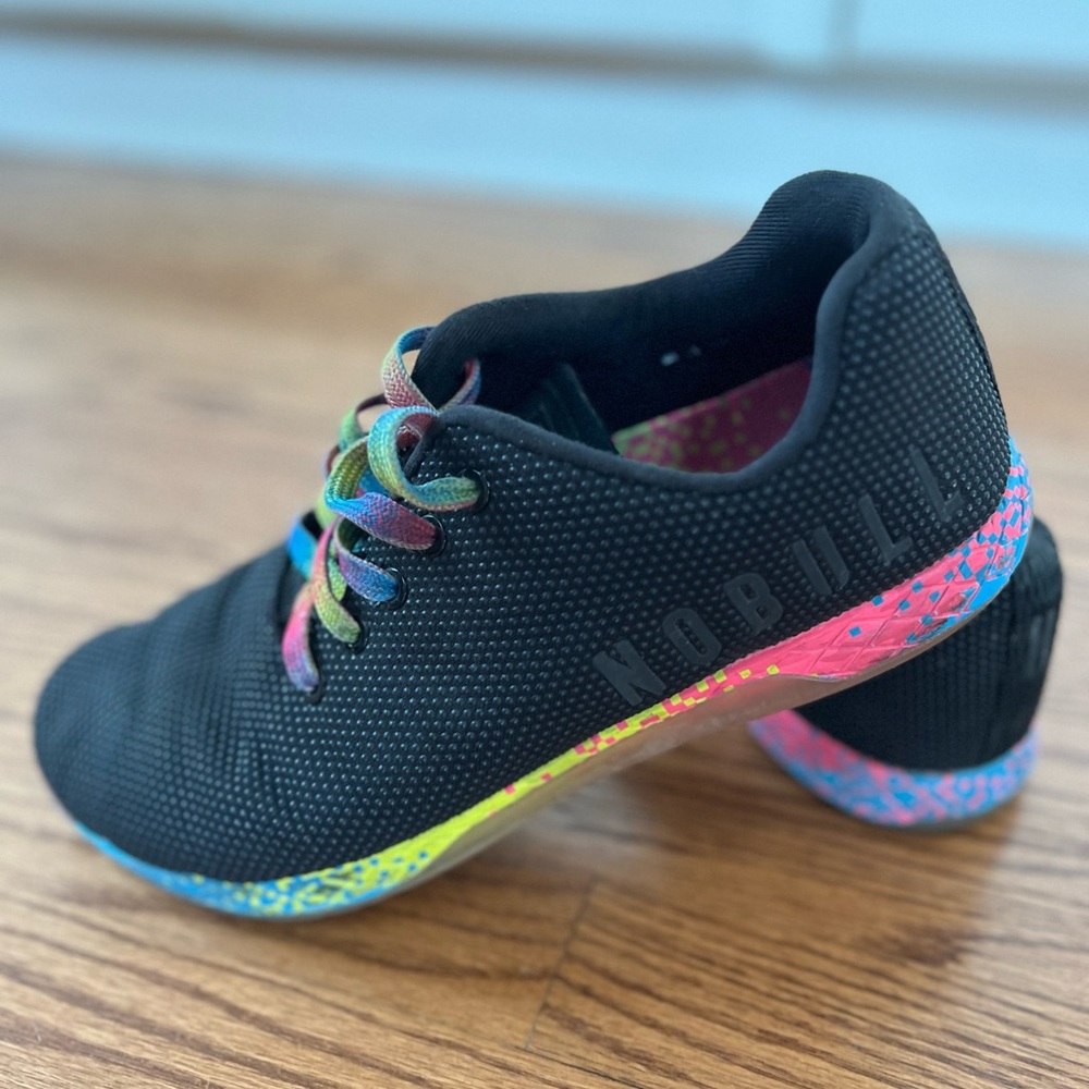 NoBull Trainers black with rainbow sole.  Size 10 men, 11.5 women